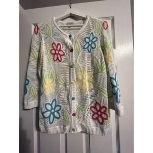 White knit crochet embroidered w/Flowers‎ Button-up Sweater Size Med